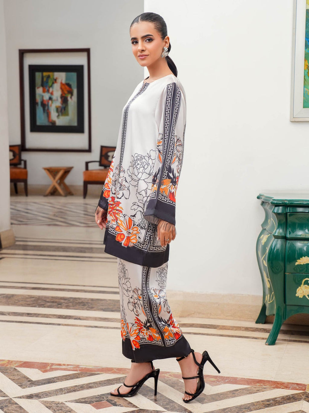 Monochrome & Orange Print Silk Tunic